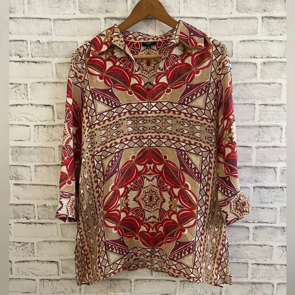 Talbots Tops - Women’s Talbots silk/linen medallion graphic popover tunic blouse 8P